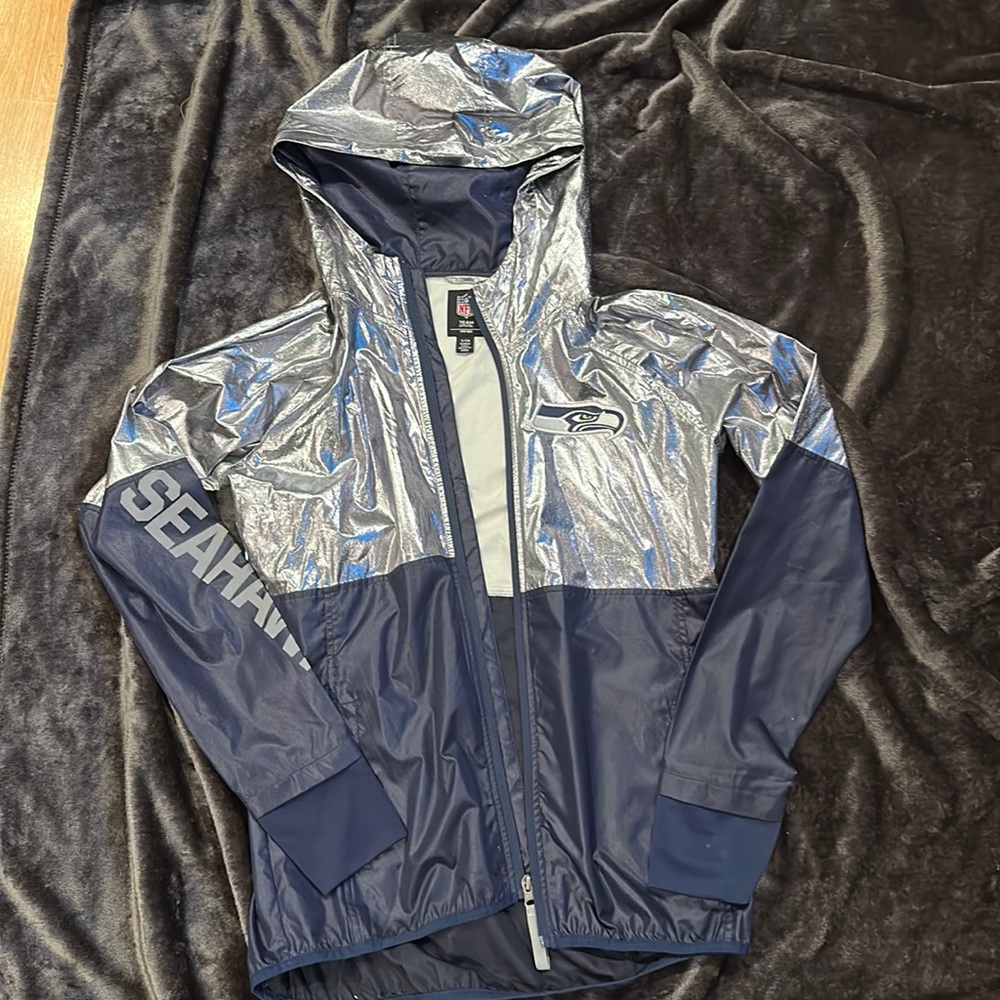 NFL Seattle Seahawks Navy and Silver Hooded Windbreaker Jacket